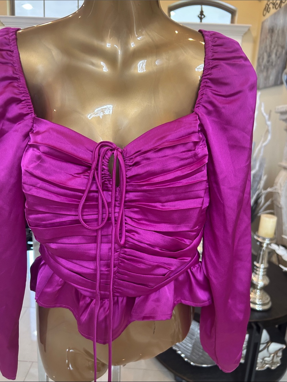 Lush Fuchsia Satin Ruched Tie-Front Blouse